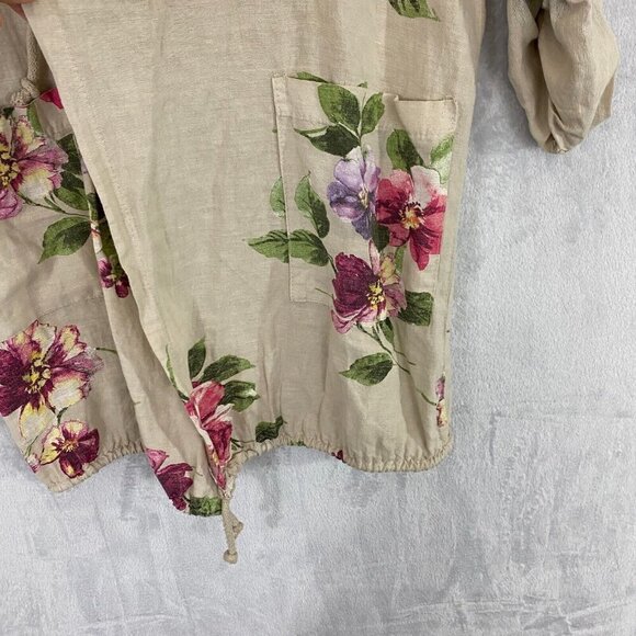 Coral Bay Floral Oversized Linen Open Front Jacket PM Petite Medium Beach Beige - Picture 10 of 16